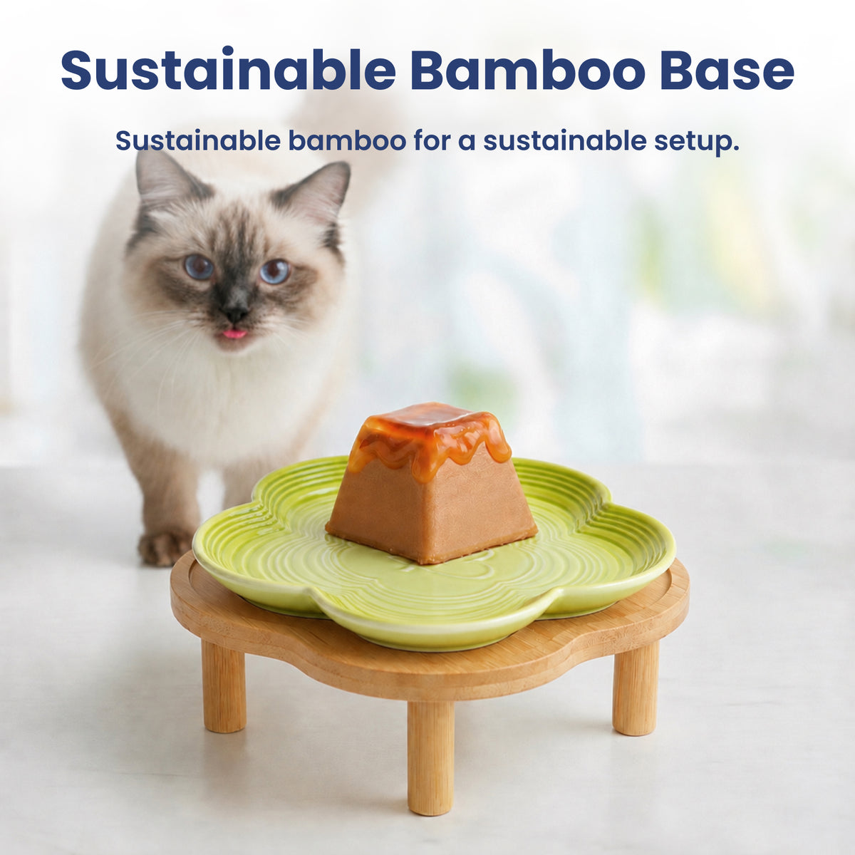 PawsPik® Flower Ceramic Feeding Cat Plate with Raised Bamboo Stand