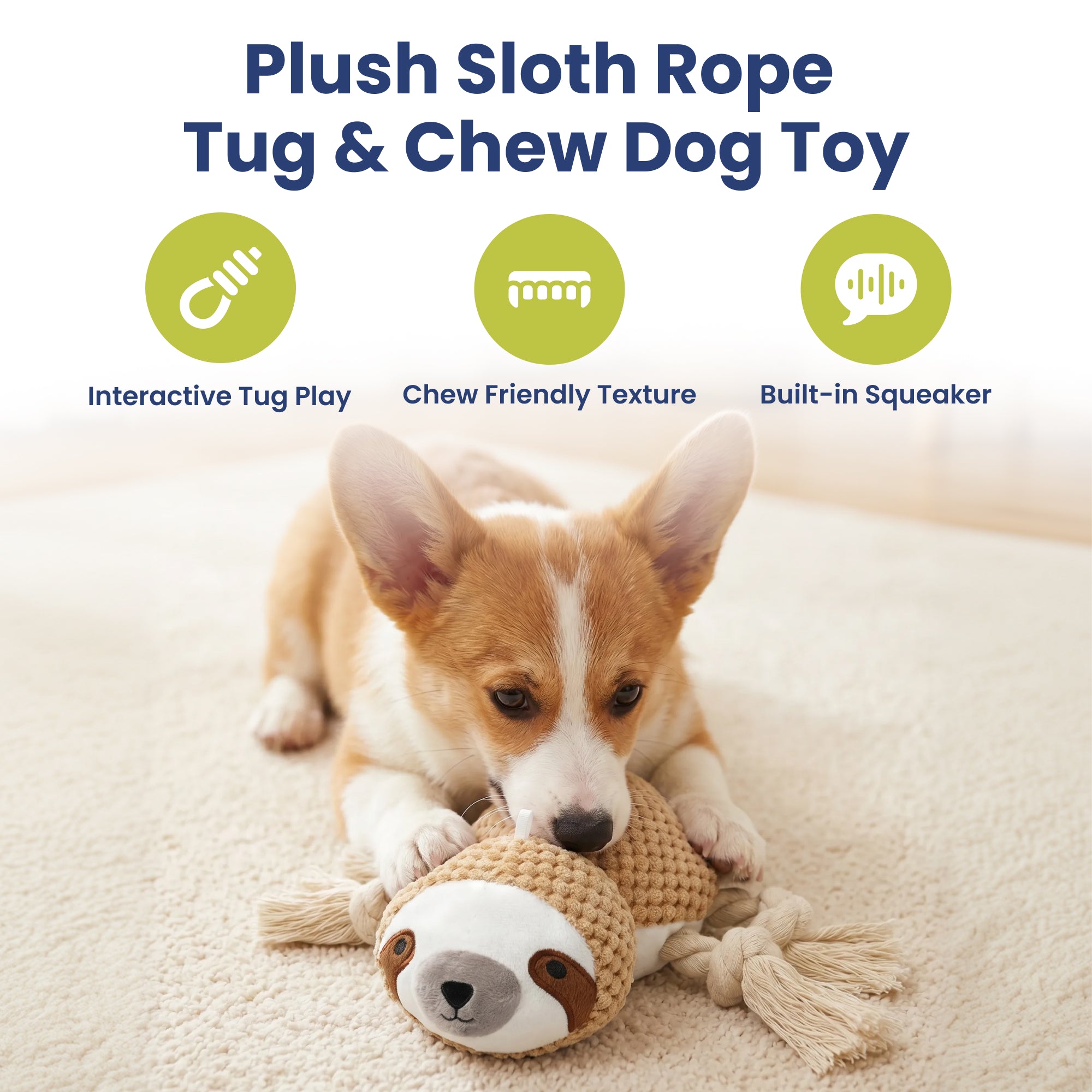 PawsPik® Sloth Squeaky Crinkle Plush Rope Tug & Chew Dog Toy, Beige