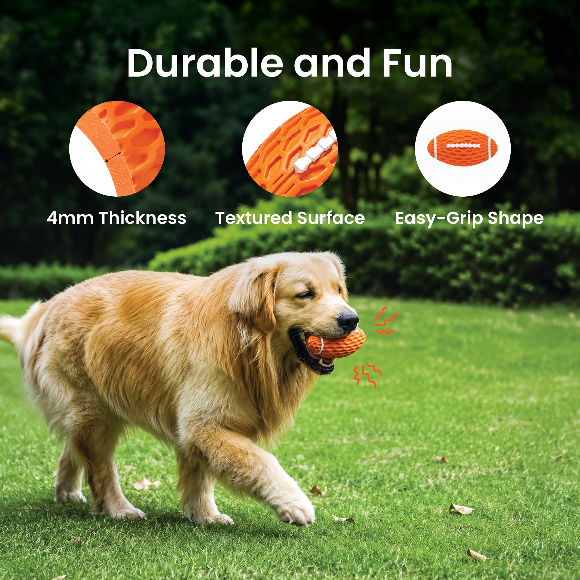 PawsPik® Football Natural Rubber Stuffing-Free Teething Tough Chew Dog Toy, Orange