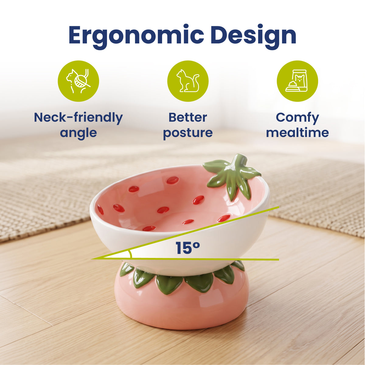 PawsPik® Fresh Picks Holiday Collection Elevated Ceramic Cat Bowl, Strawberry, 8-oz