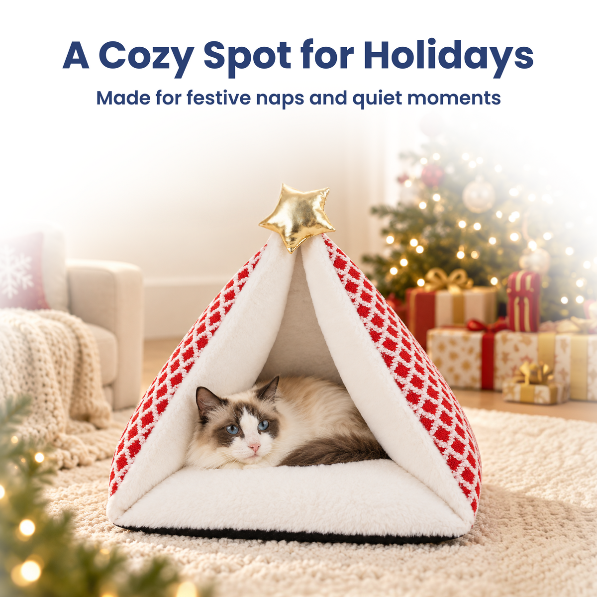 PawsPik® Festive Holiday Tree Plush Novelty Covered Dog & Cat Tent Bed