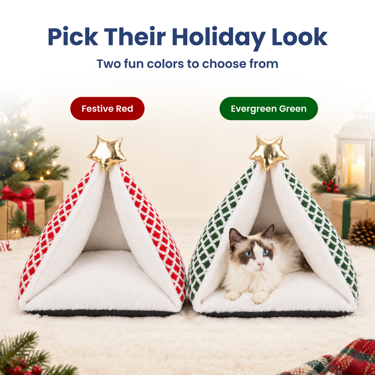 PawsPik® Festive Holiday Tree Plush Novelty Covered Dog & Cat Tent Bed