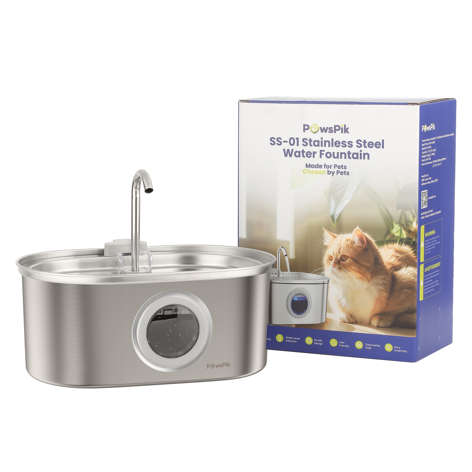 PawsPik® SS-01 Dog & Cat Water Fountain Made with Stainless Steel