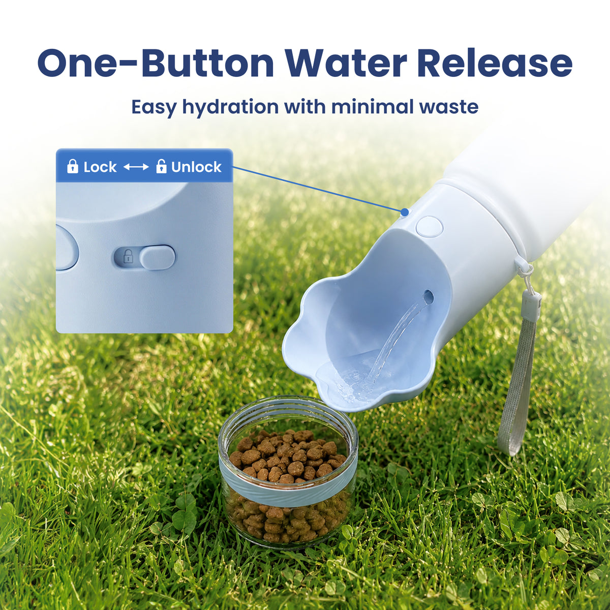 PawsPik® Paw Shaped 2-in-1 Pet Travel Bottle with Food Storage for Dogs & Cats, Blue