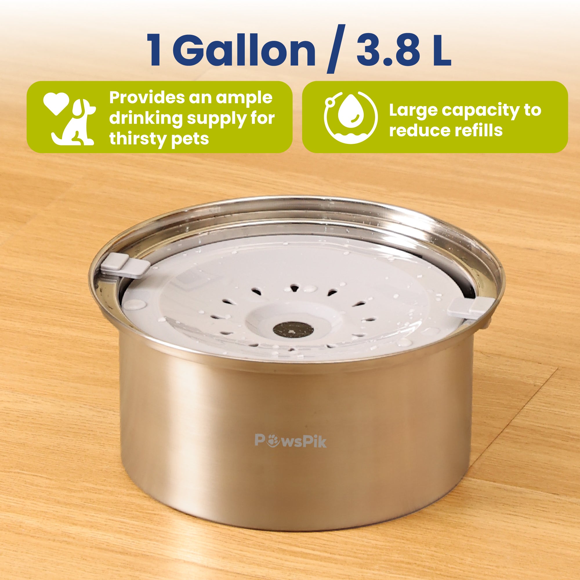 Stainless steel dog water bowl with a 1-gallon capacity, offering continuous hydration and fewer refills for thirsty pets.
