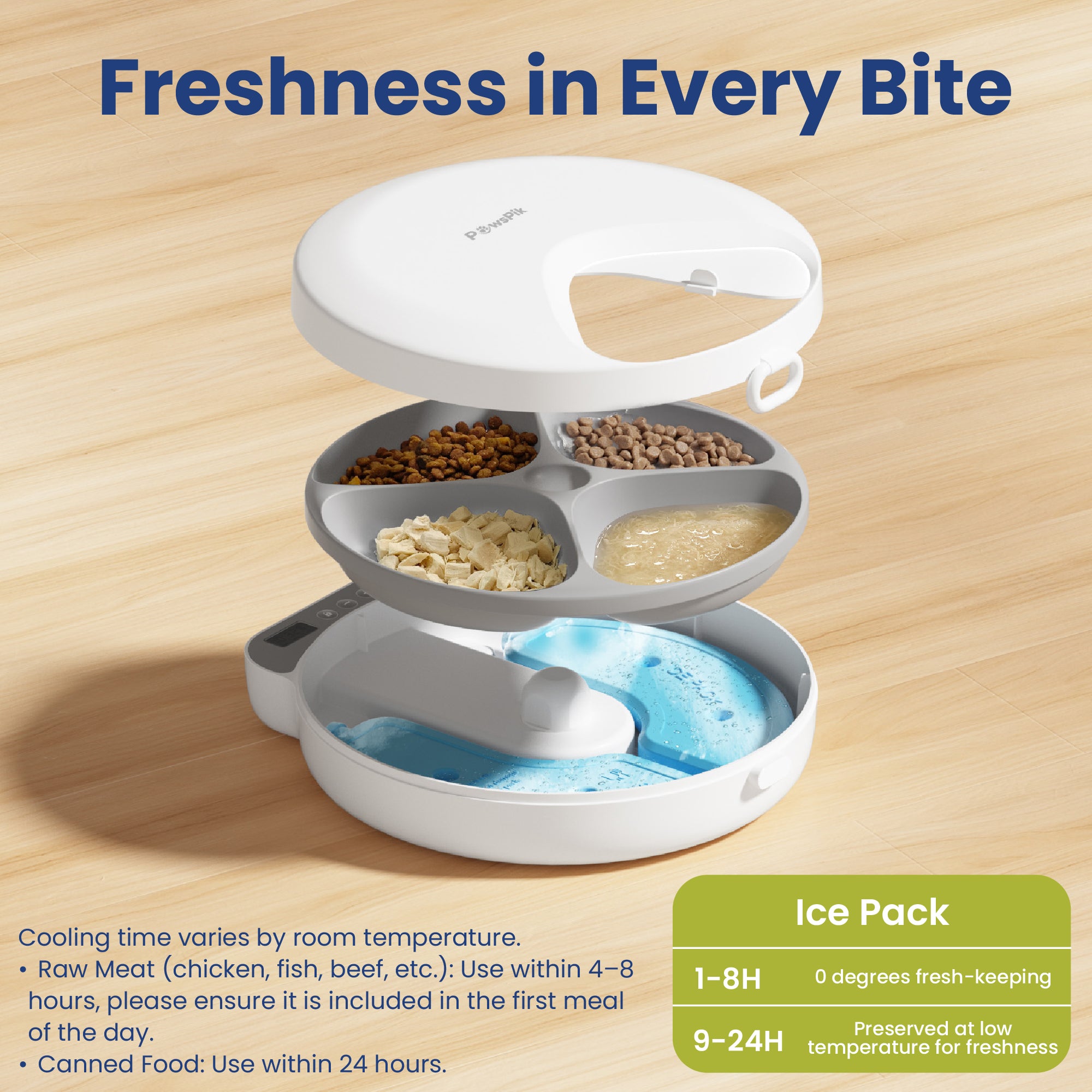 4-meal PawsPik Smart Pet Feeder with ice pack, keeping ingredients fresh; includes guidelines for raw meat and canned food storage.