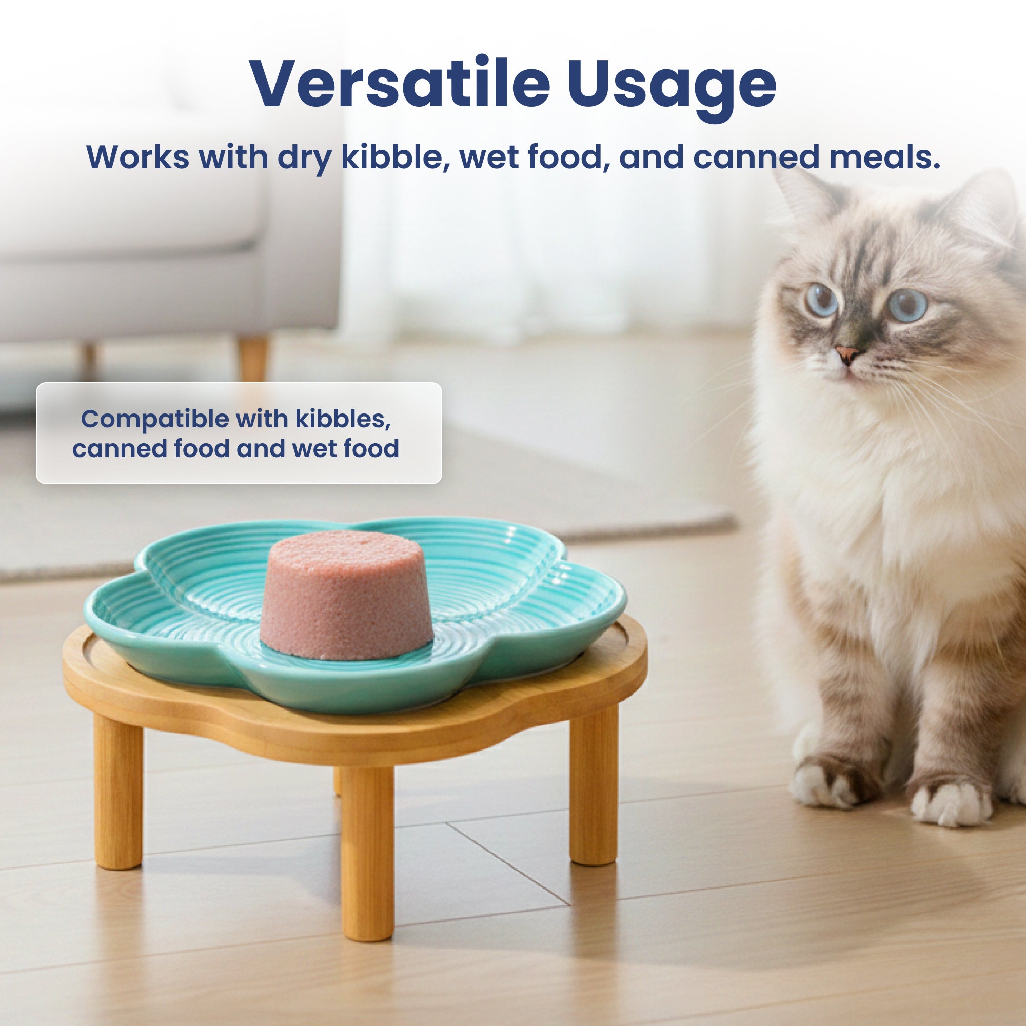 PawsPik® Flower Ceramic Feeding Cat Plate with Raised Bamboo Stand
