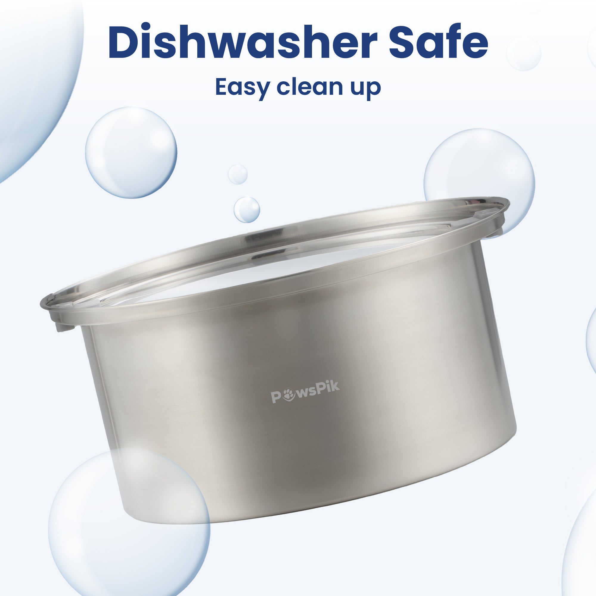 A stainless steel dog bowl on a light blue background with bubbles, highlighting its dishwasher-safe feature for easy cleaning.