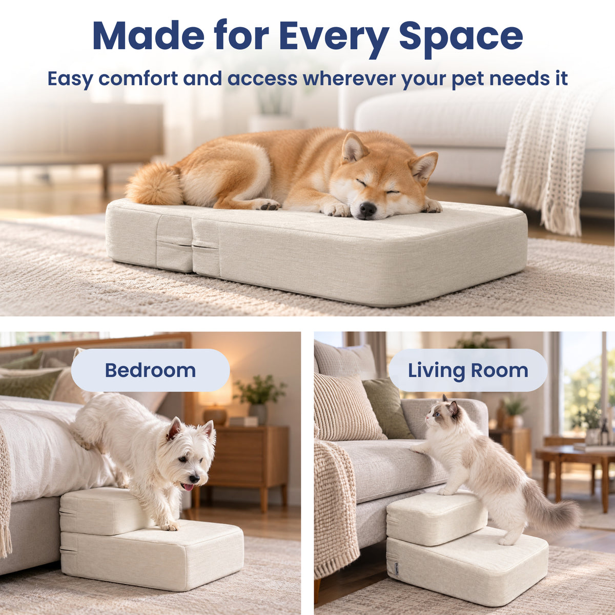 PawsPik® 2-in-1 Foldable Cushion & Dog & Cat Stair, Beige