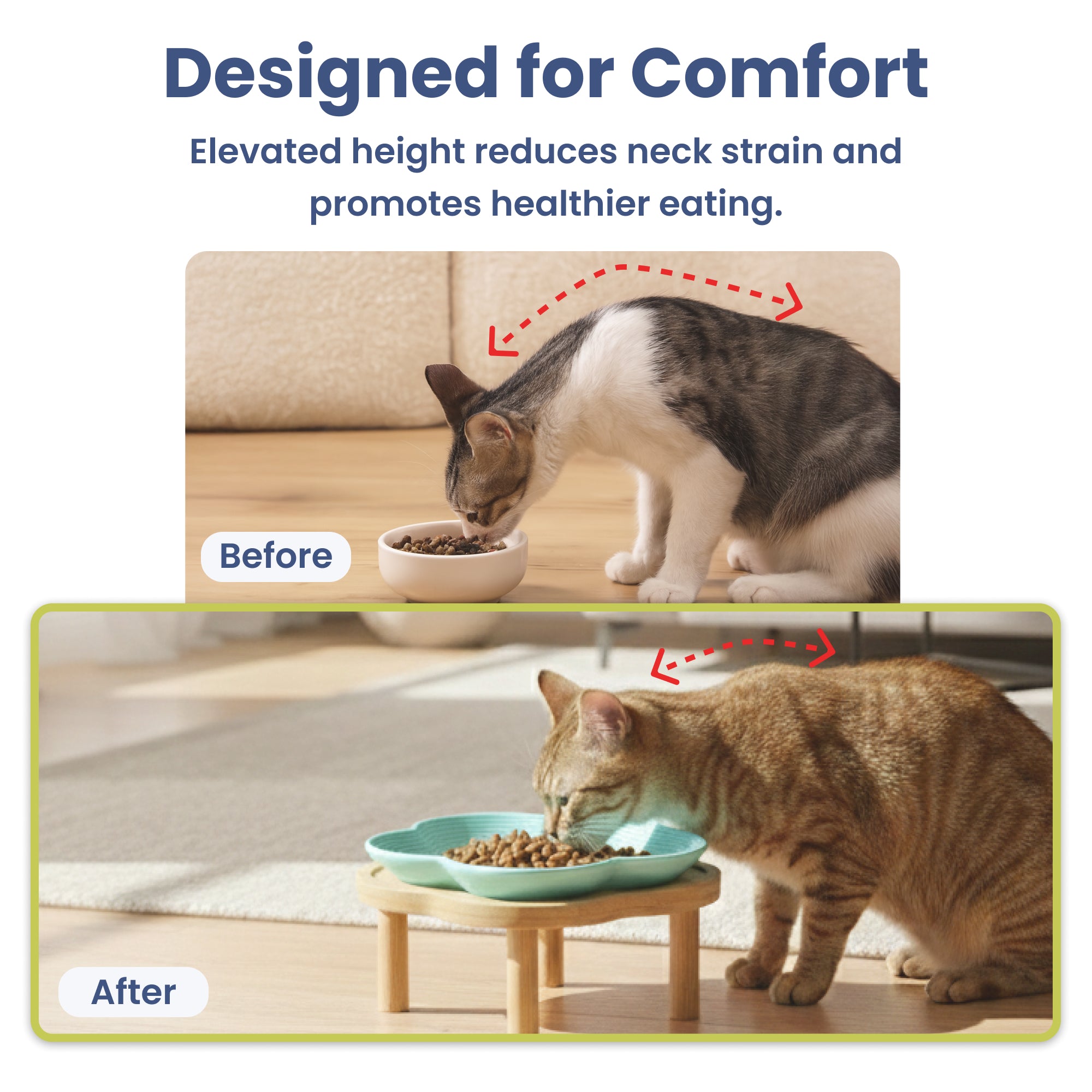 PawsPik® Flower Ceramic Feeding Cat Plate with Raised Bamboo Stand