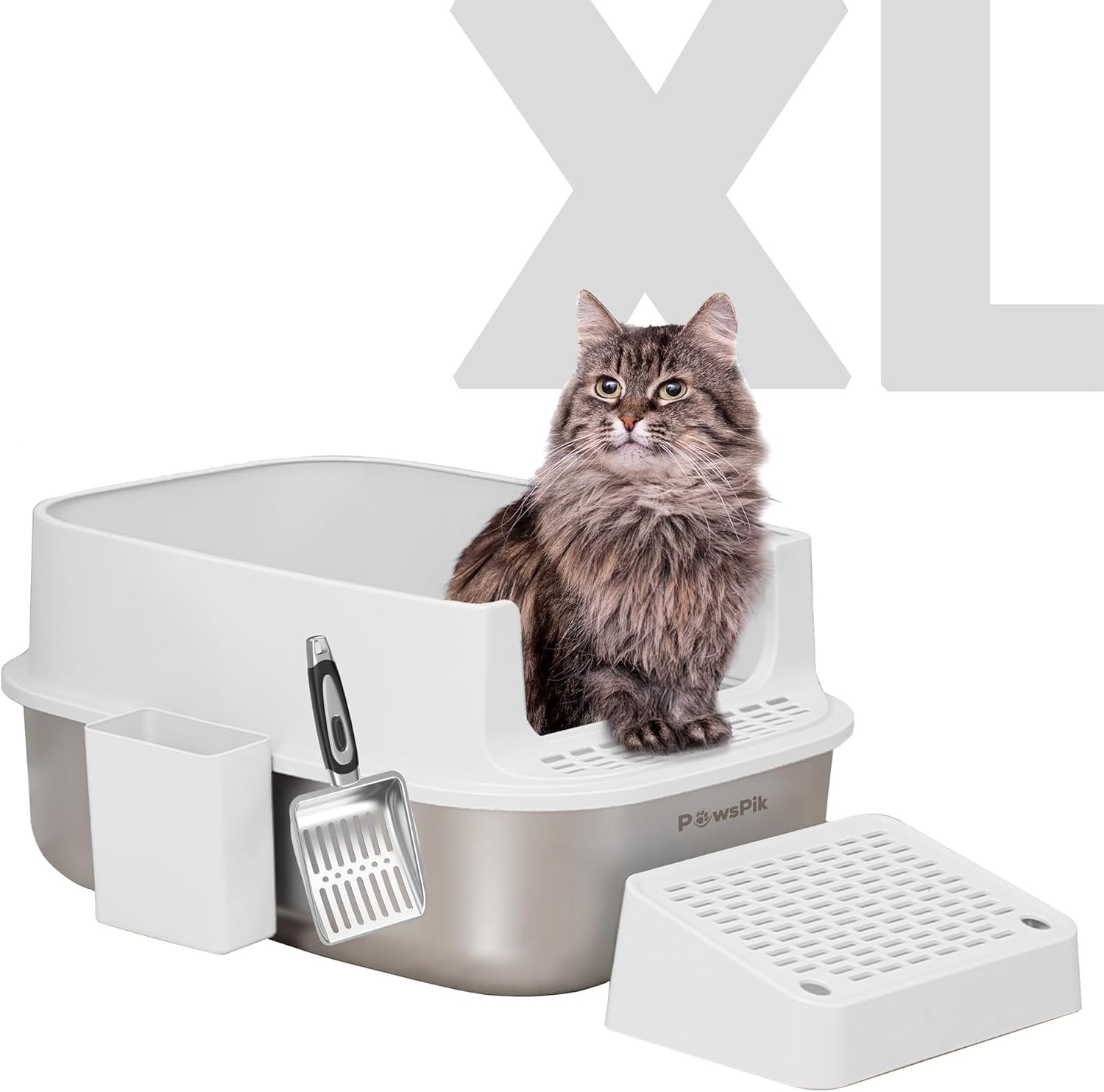 PawsPik Stainless Steel Cat Litter Box & Metal Scooper, X-Large Cream