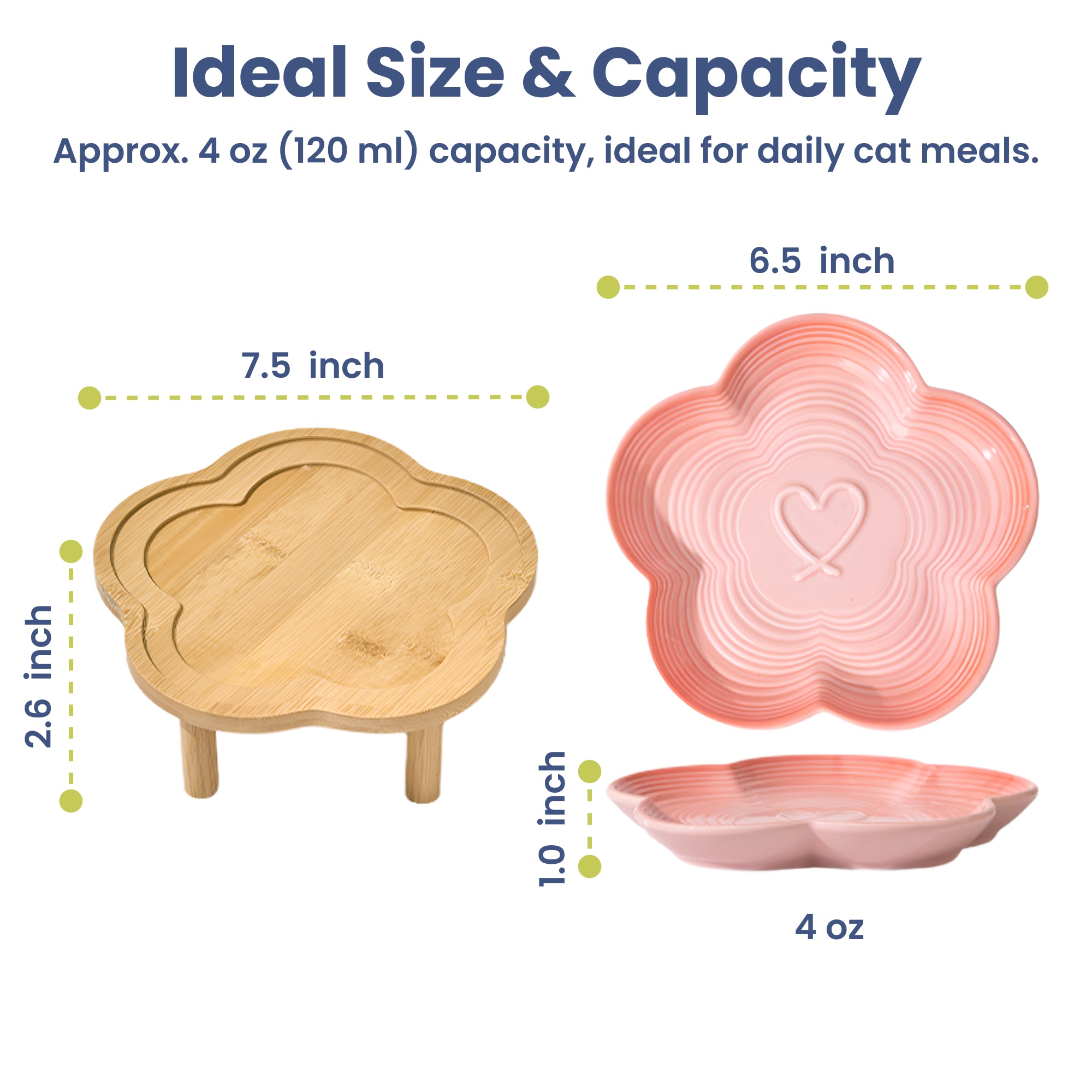 PawsPik® Flower Ceramic Feeding Cat Plate with Raised Bamboo Stand