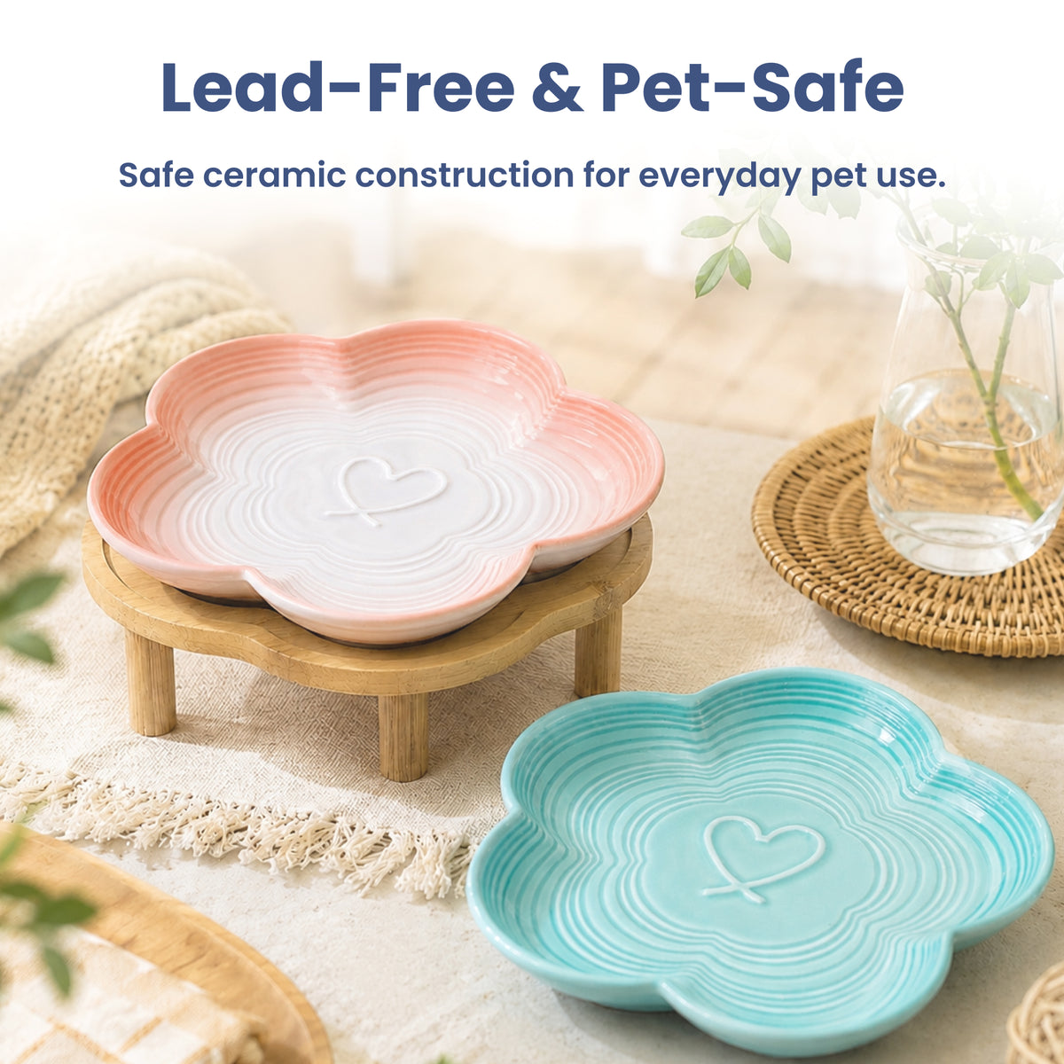 PawsPik® Flower Ceramic Feeding Cat Plate with Raised Bamboo Stand