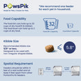 Load image into Gallery viewer, An infographic for the PortionPro Rx automatic pet feeder, detailing food capacity, kibble size, and spatial
requirements.
