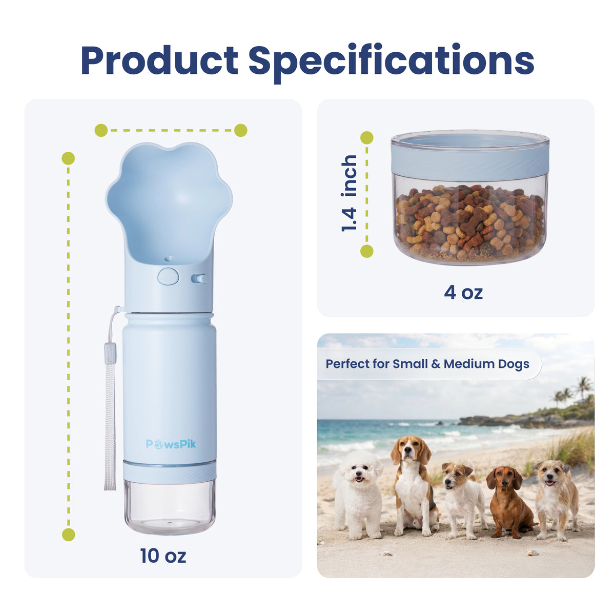 PawsPik® Paw Shaped 2-in-1 Pet Travel Bottle with Food Storage for Dogs & Cats, Blue