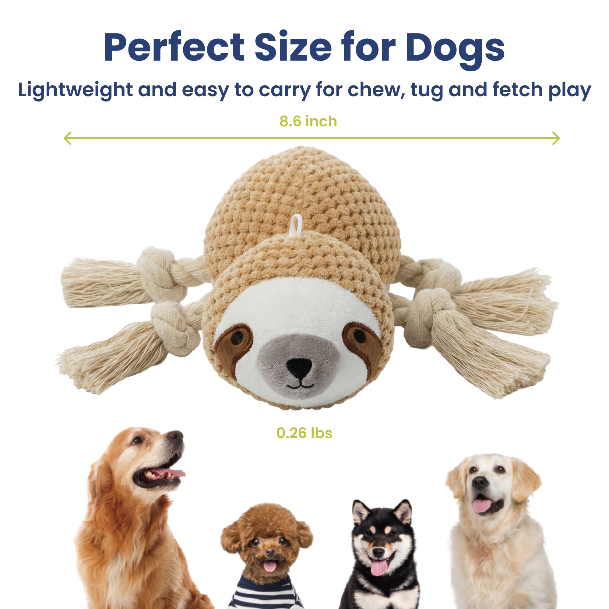 PawsPik® Sloth Squeaky Crinkle Plush Rope Tug & Chew Dog Toy, Beige