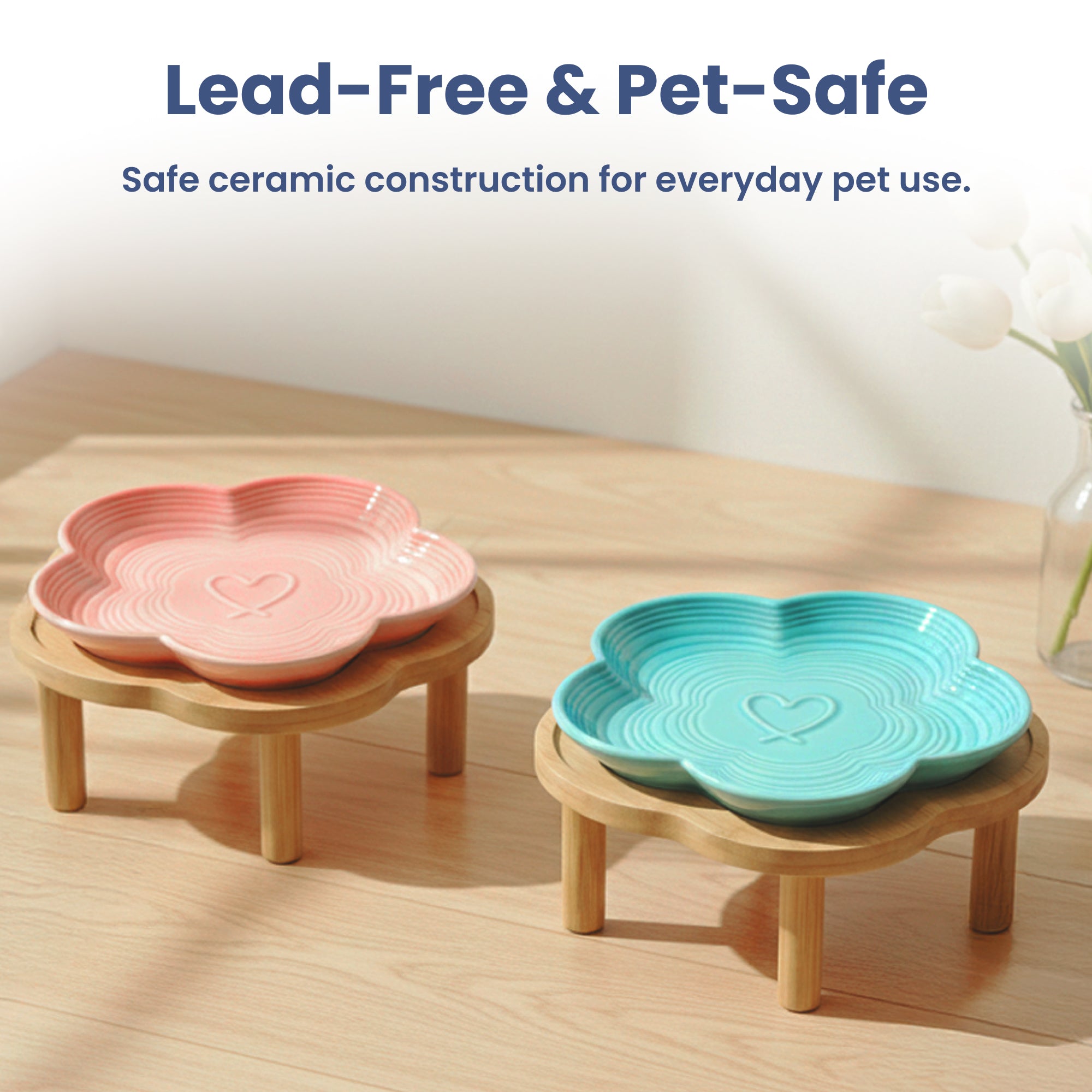 PawsPik® Flower Ceramic Feeding Cat Plate with Raised Bamboo Stand