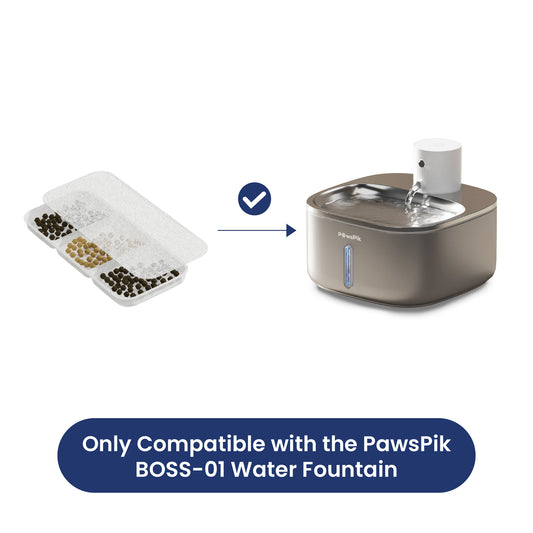 Image showing PawsPik BOSS-01 Pet Water Fountain paired with compatible filters, highlighting product compatibility.