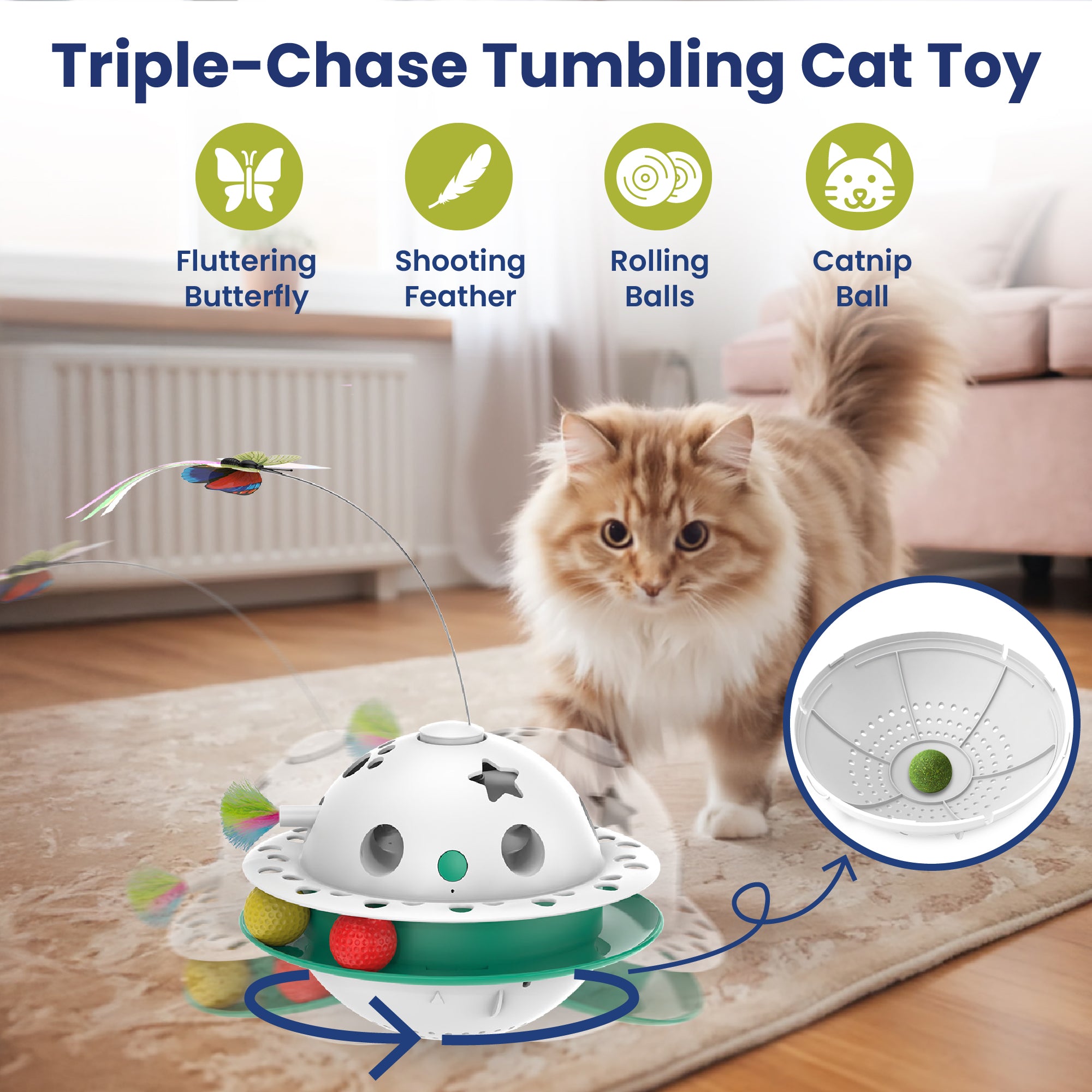 PawsPik® Triple Chase Tumbling Interactive Cat Toy with Catnip Ball