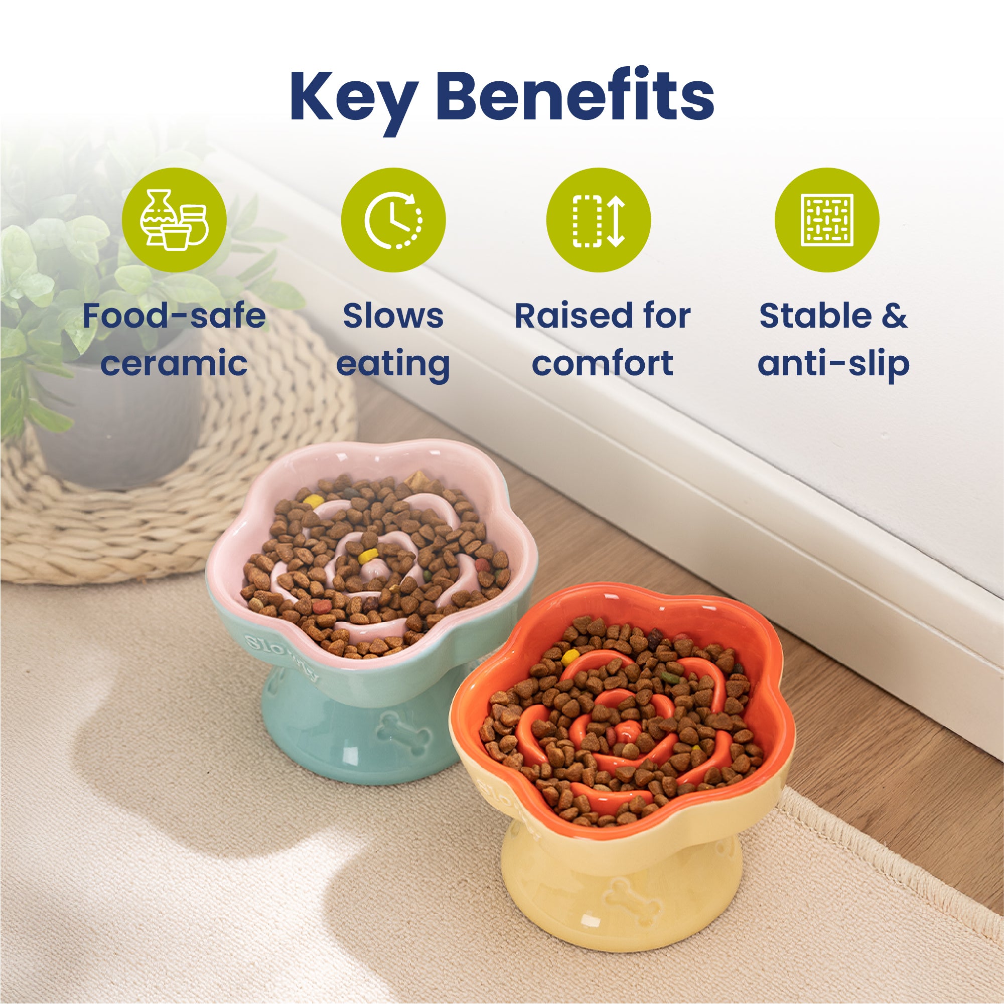 PawsPik® Raised Ceramic Slow Feeder Dog Bowl & Cat Food Bowl