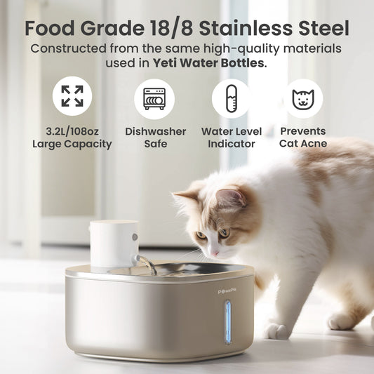 A cat drinking from a stainless-steel pet water fountain by Pawspik with advertised features.