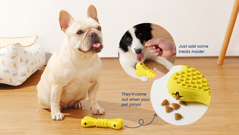 Dog enrichment toy bone with treat dispensing feature, easy to fill for interactive play