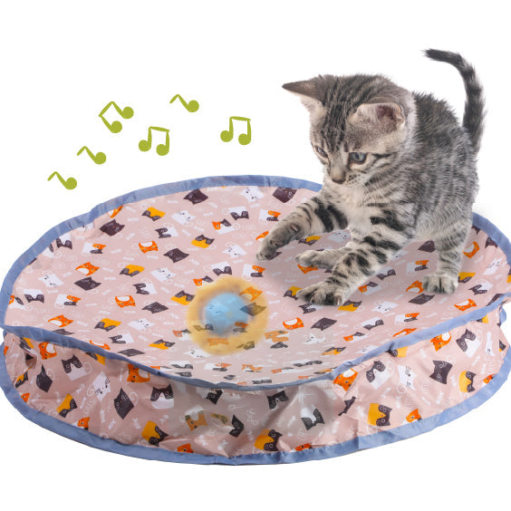 A playful kitten reaches for a colorful spinning toy atop a patterned interactive play mat, surrounded by musical notes. 