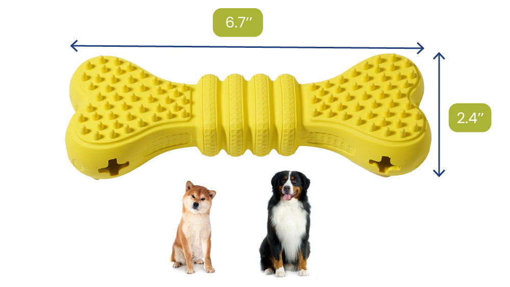 Yellow dog toy shaped like a bone with measurements and two dogs for scale on a white background