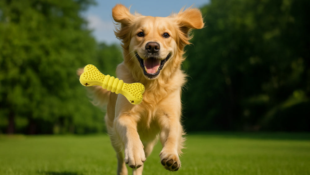 Dog running with a yellow bone-shaped toy in the park