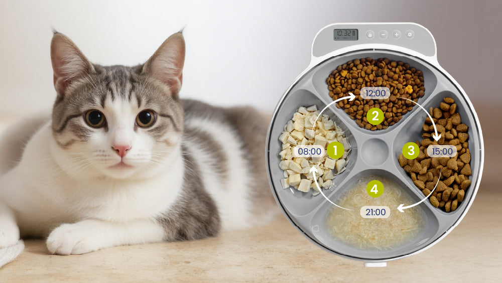 A cat sits beside PawsPik cat food dispenser, looking curiously at the device that dispenses its meals.