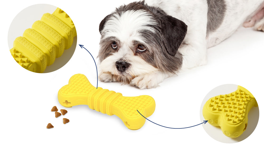 Dog with a yellow bone-shaped chew toy and close-up views of the toy on a white background.