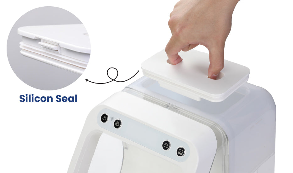 A hand presses down on a white lid atop a rfid cat feeder, illustrating the silicone seal feature alongside an informative inset.