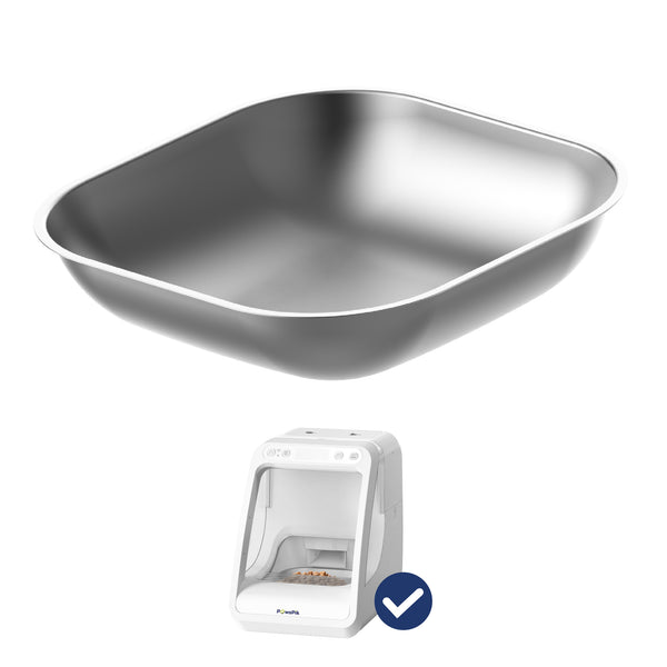 A stainless steel pet bowl beside a white PawsPik microchip cat feeder, showcasing a sleek design and compatibility. 