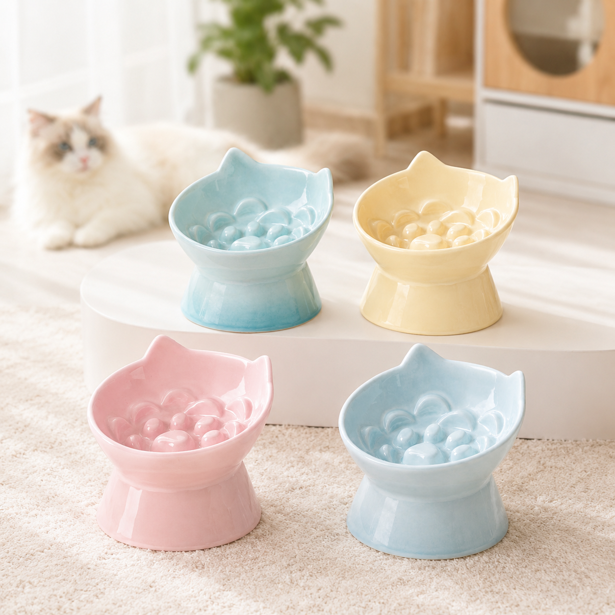 PawsPik® Lynx Ceramic Raised Slow Feeder Cat Bowl
