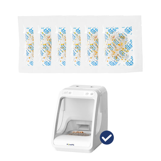 PawsPik microchip cat feeder with an open compartment, accompanied by six desiccant bag pouches on top.