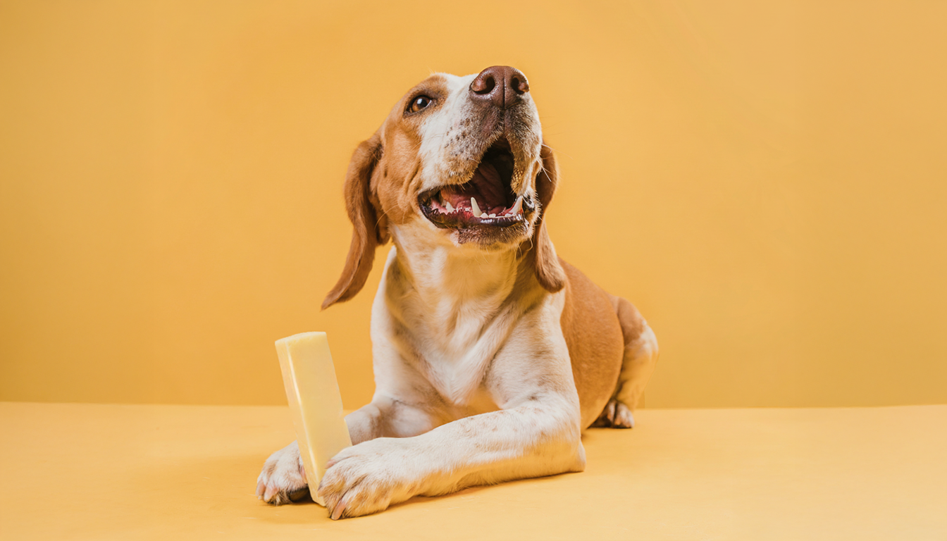 A happy beagle lays on a yellow background, playfully chewing on a piece of dog bone. Its mouth is open, showcasing a cheerful expression.