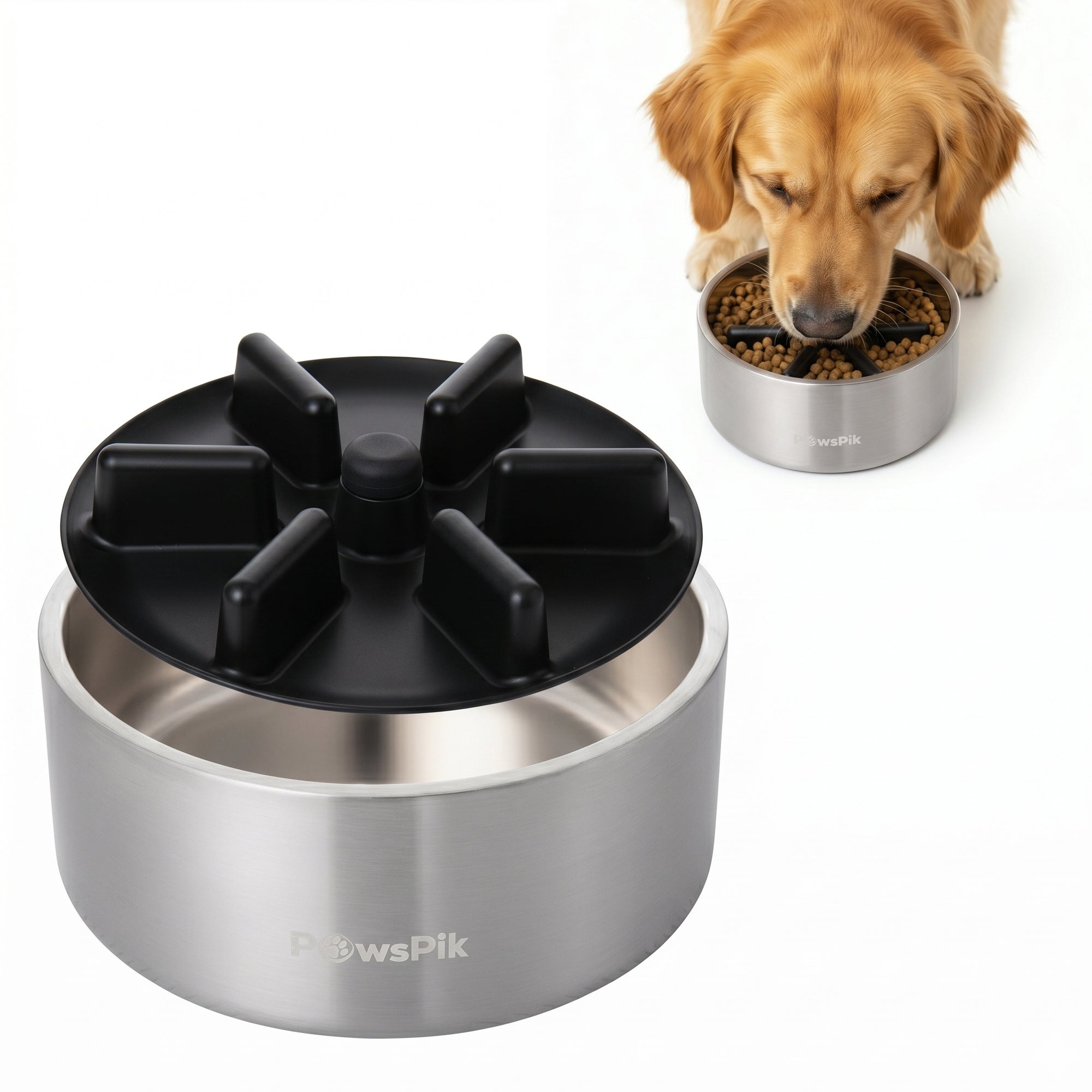 PawsPik® Stainless Steel Double Wall Slow-Feed Puzzle Dog Bowl, 64 oz