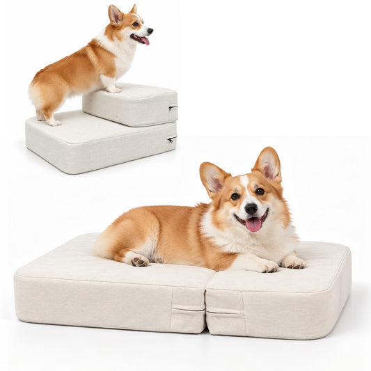 PawsPik® 2-in-1 Foldable Cushion & Dog & Cat Stair, Beige