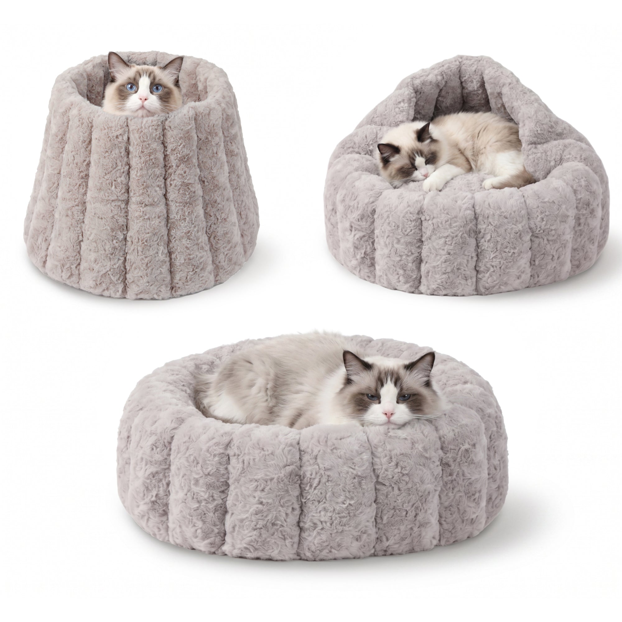 PawsPik® 3-in-1 Convertible Plush Cave & Donut Bolster Dog & Cat Bed, Medium