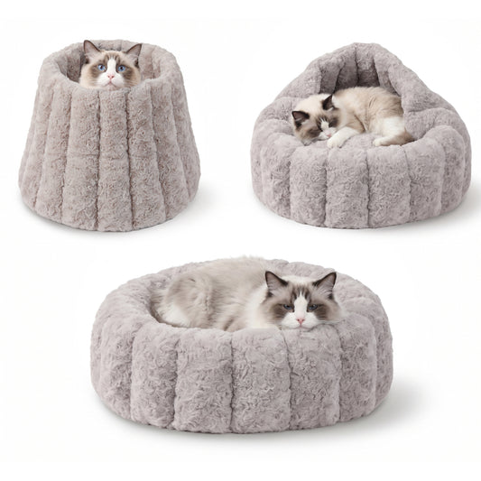 PawsPik® 3-in-1 Convertible Plush Cave & Donut Bolster Dog & Cat Bed, Medium