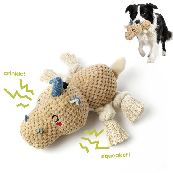 PawsPik® Unicorn Squeaky Crinkle Plush Rope Tug & Chew Dog Toy, Beige