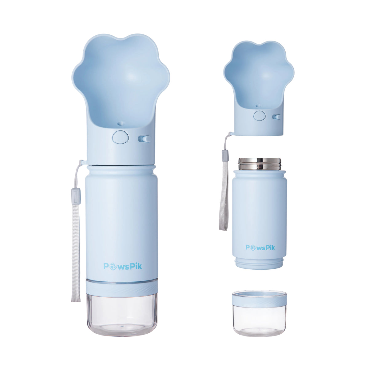 PawsPik® Paw Shaped 2-in-1 Pet Travel Bottle with Food Storage for Dogs & Cats, Blue