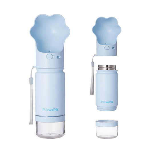 PawsPik® Paw Shaped 2-in-1 Pet Travel Bottle with Food Storage for Dogs & Cats, Blue