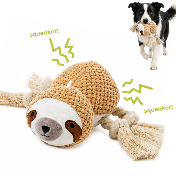 PawsPik® Sloth Squeaky Crinkle Plush Rope Tug & Chew Dog Toy, Beige