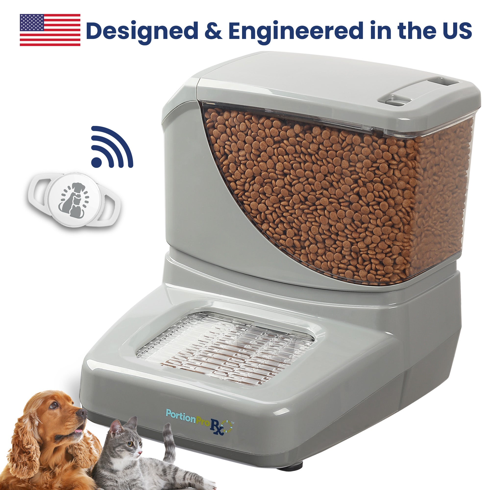 Pawspik Portion Pro RX Automatic pet feeder with full kibble container and icons indicating pet detection
RFID tag and U.S. engineering.