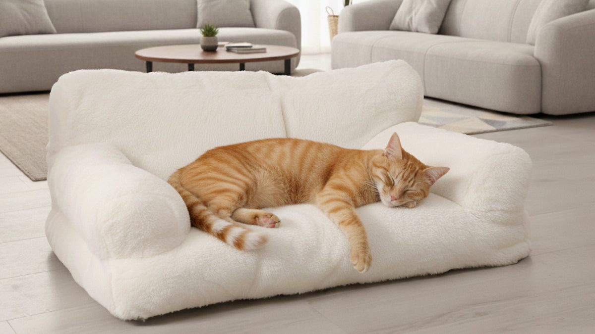 Cat sleeping on a fluffy white pet bed in a living room.