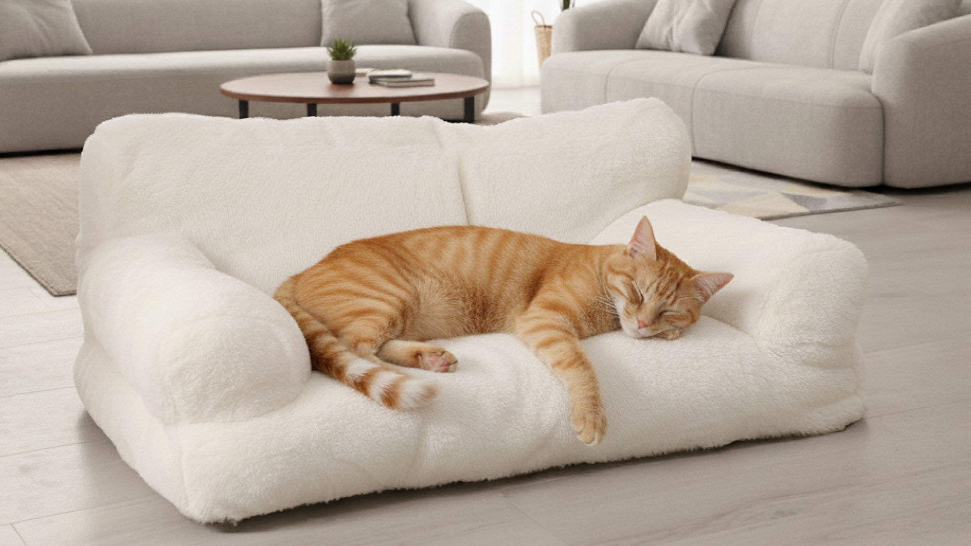 Cat sleeping on a fluffy white pet bed in a living room.