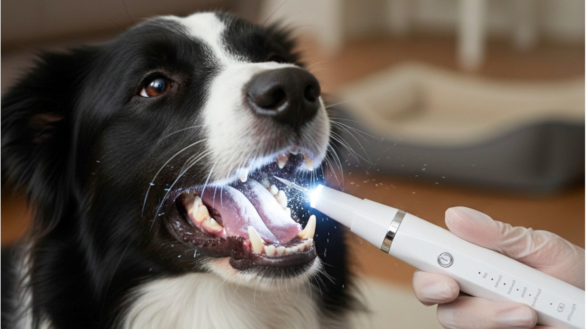 A dog receives dental care with a light dog tartar removal tool aimed at its open mouth, showcasing its teeth and tongue in a home setting.