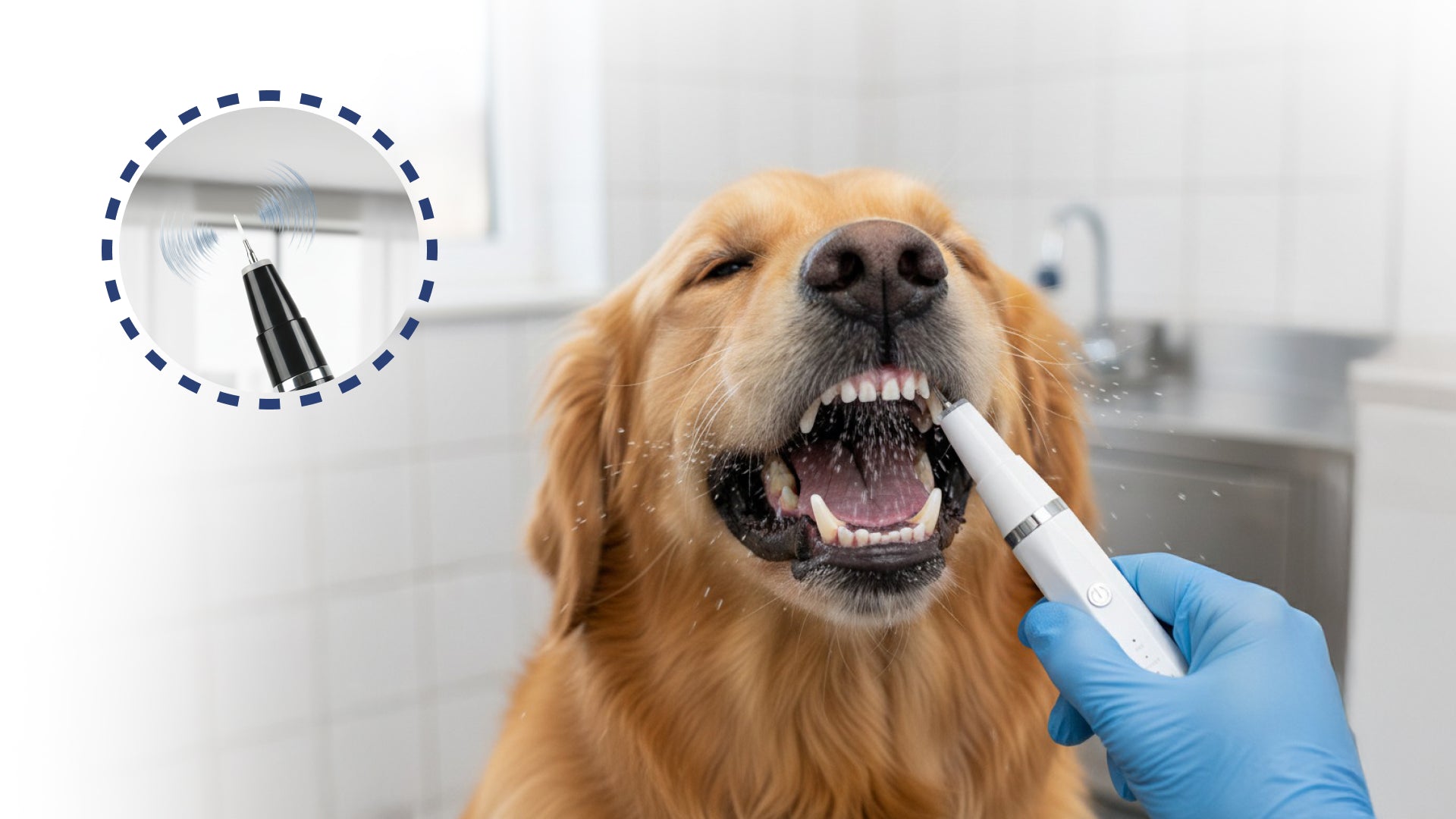 A golden retriever is getting its teeth cleaned with an ultrasonic dog teeth cleaner, while water sprays from the dog's mouth.