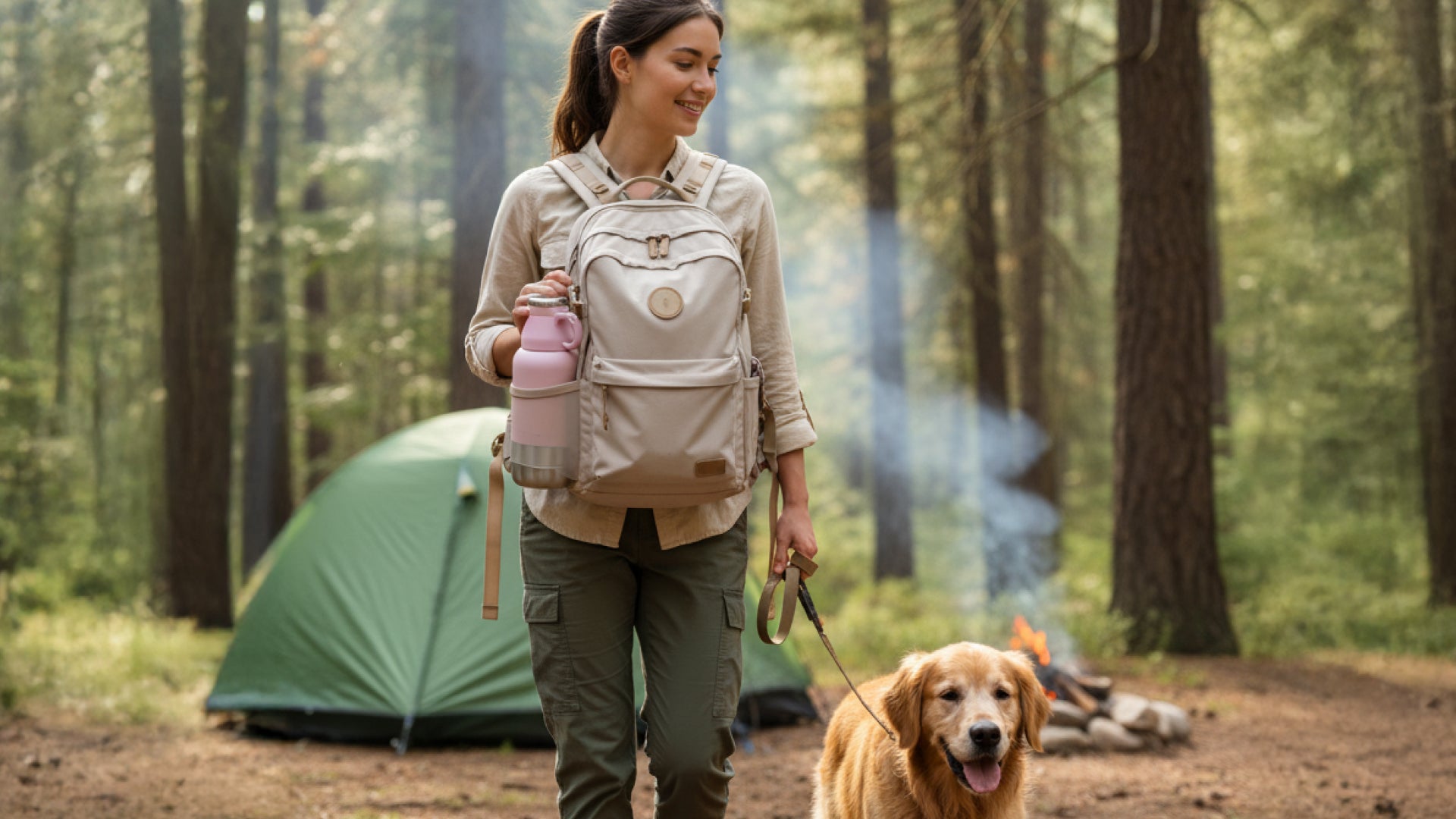 A person walks a golden retriever in a forested campsite, holding a pink travel water bottle for dogs beside a green tent and campfire smoke.